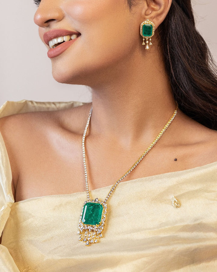 925 Silver Iris Emerald Necklace Set - Amrrutam
