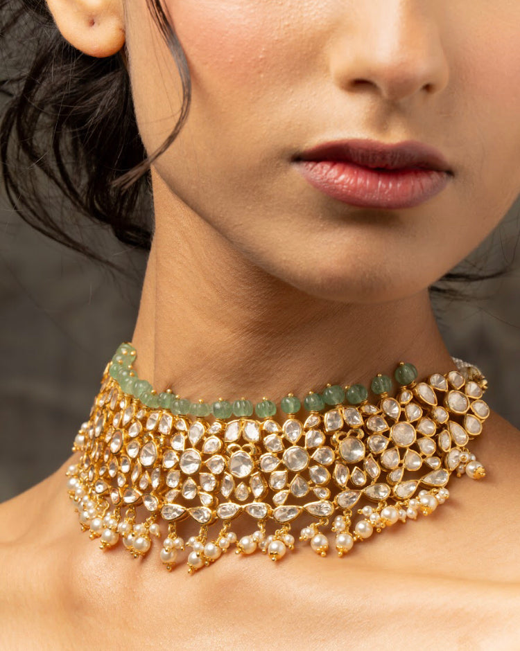 925 Silver Qaladat Polki Choker Necklace - Amrrutam