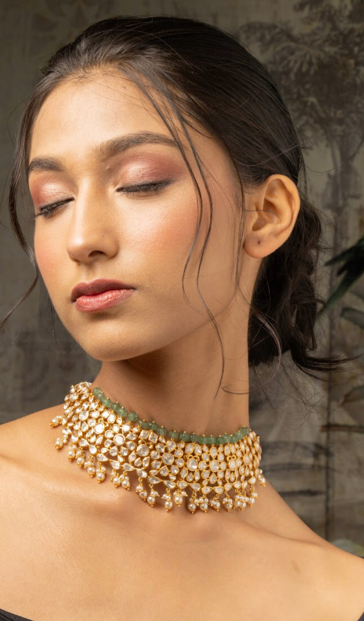 925 Silver Qaladat Polki Choker Necklace - Amrrutam