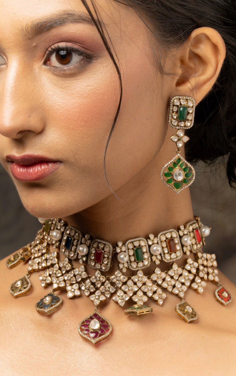 925 Silver RaangRatan Polki Necklace Set - Amrrutam