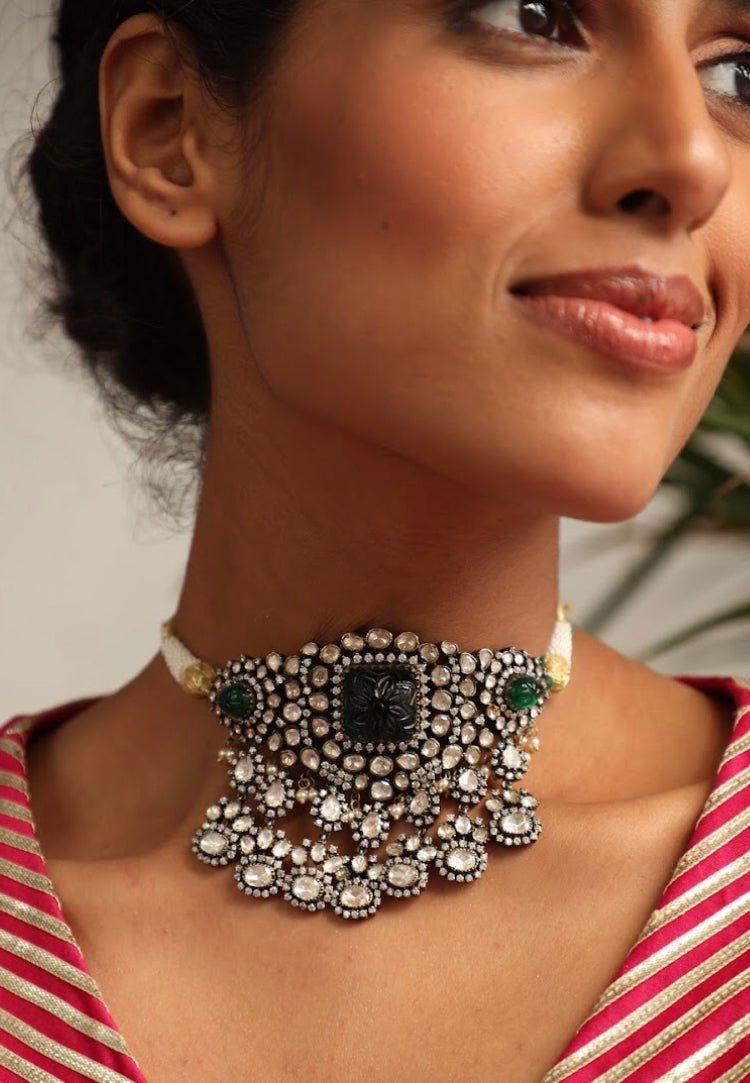 925 Silver Victorian Emerald Opala Choker Necklace - Amrrutam