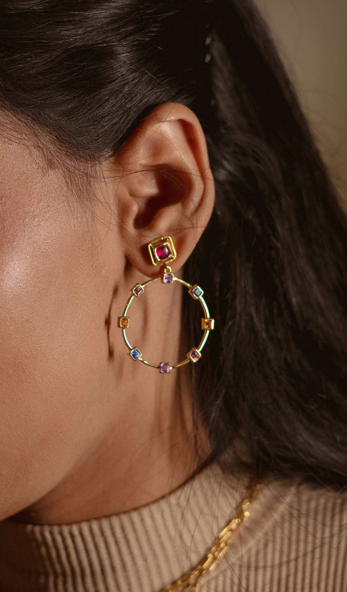 ZOIE MULTI GEMSTONE HOOP EARRING - Amrrutam