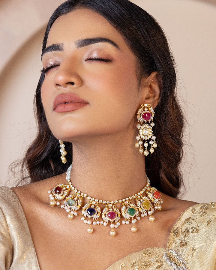 925 Silver Mayuka Navratana Necklace Set - Amrrutam
