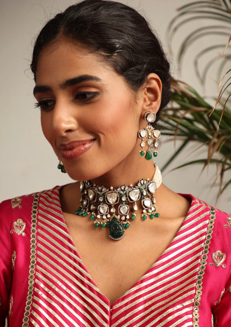 925 Silver Farhaaz Polki Choker Necklace Set - Amrrutam