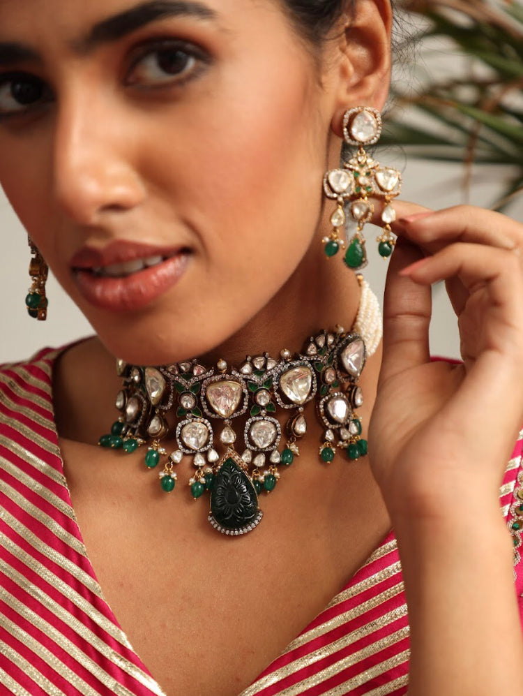 925 Silver Farhaaz Polki Choker Necklace Set - Amrrutam