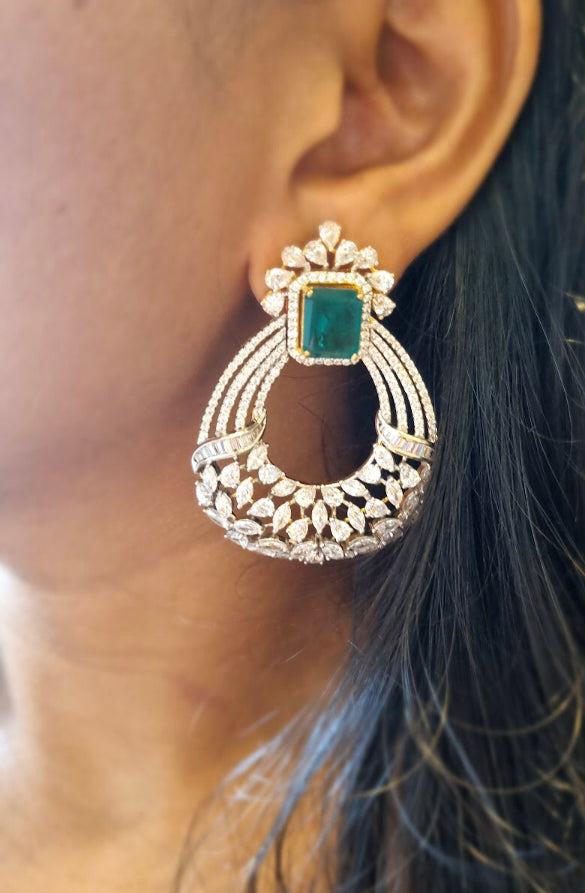 925 Silver Kamiya Emerald CZ Long Earring - Amrrutam
