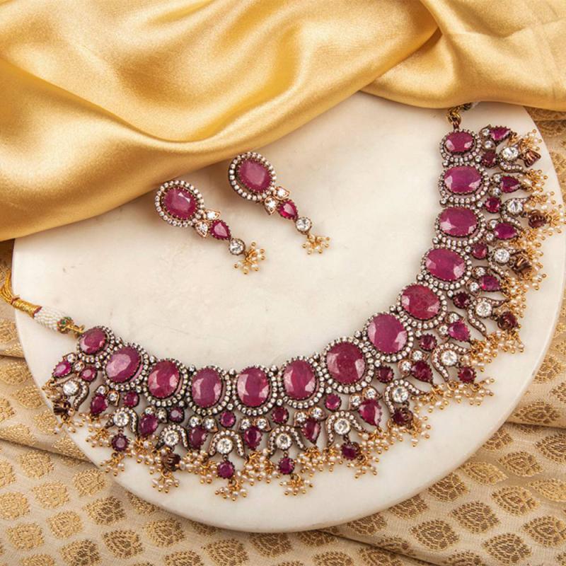 925 Silver Amoris Ruby Choker Necklace Set - Amrrutam