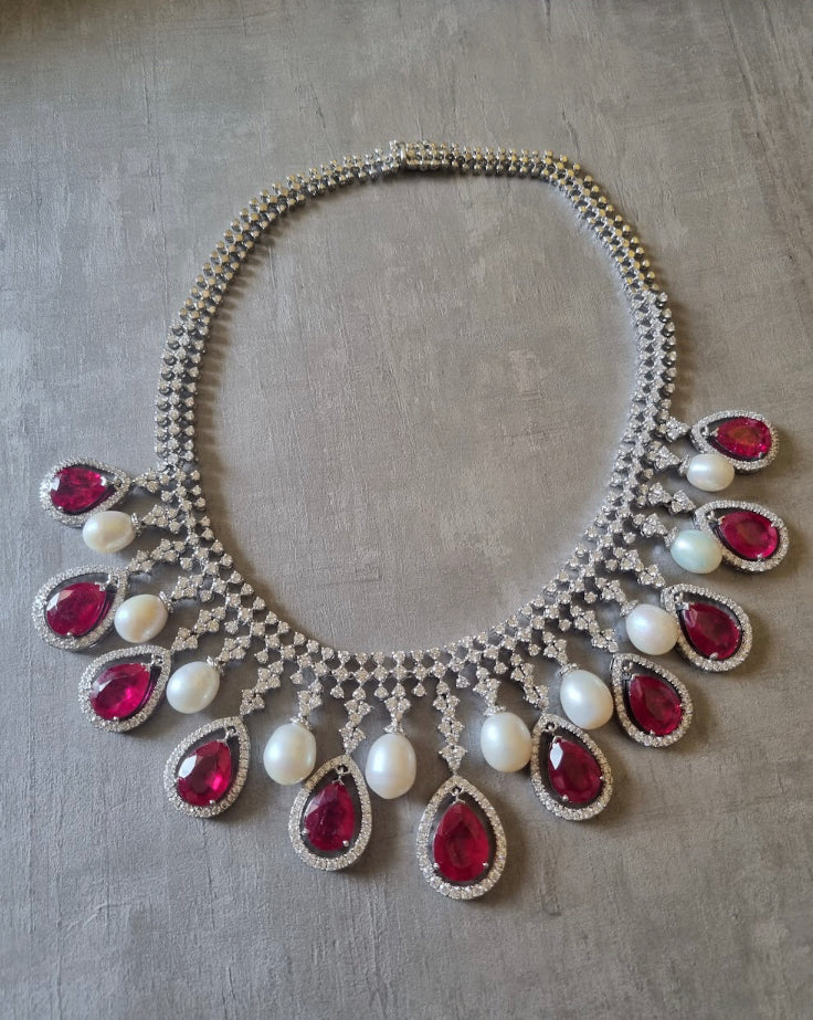 925 Silver Riverra Ruby Pearl Necklace - Amrrutam