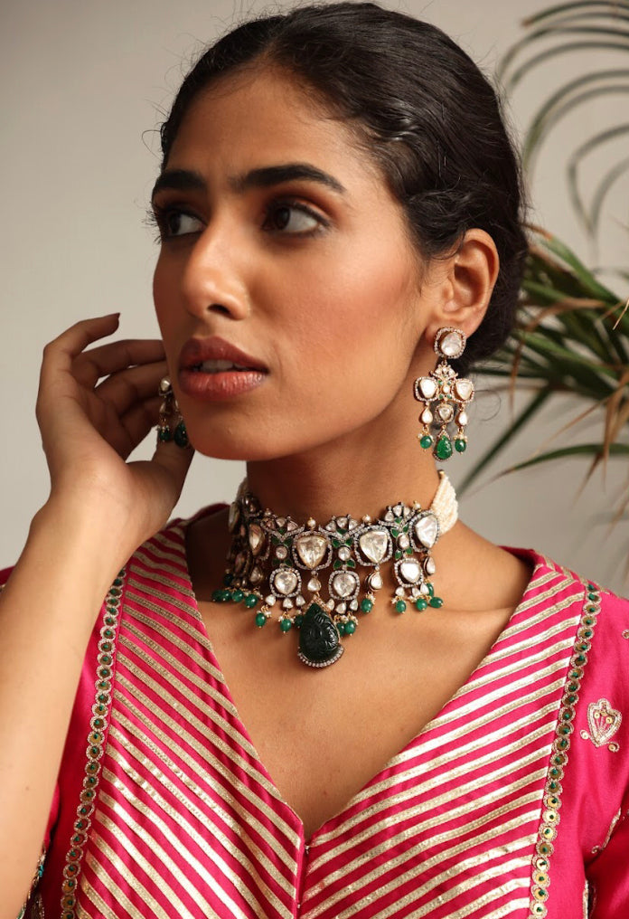 925 Silver Farhaaz Polki Choker Necklace Set - Amrrutam