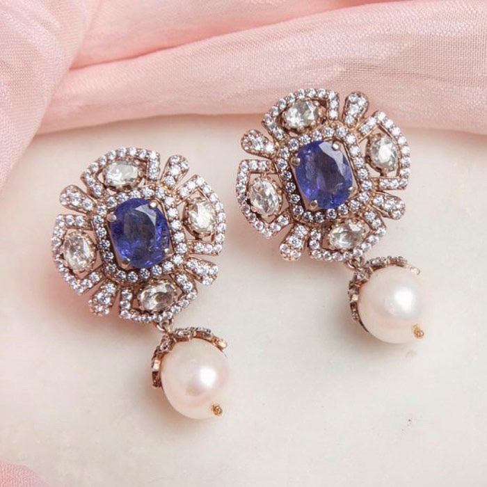925 Silver Tanzanite Polki Drop Earring - Amrrutam