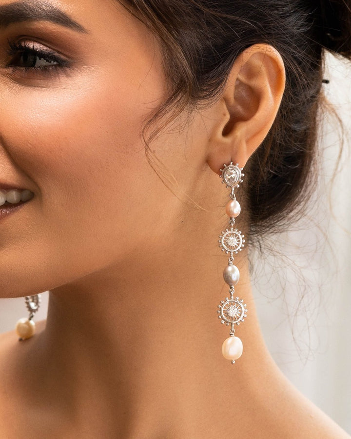 925 Silver Long Multi Pearl Earring - Amrrutam