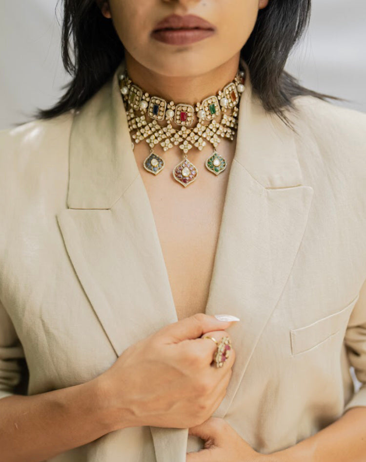 925 Silver RaangRatan Polki Necklace Set - Amrrutam