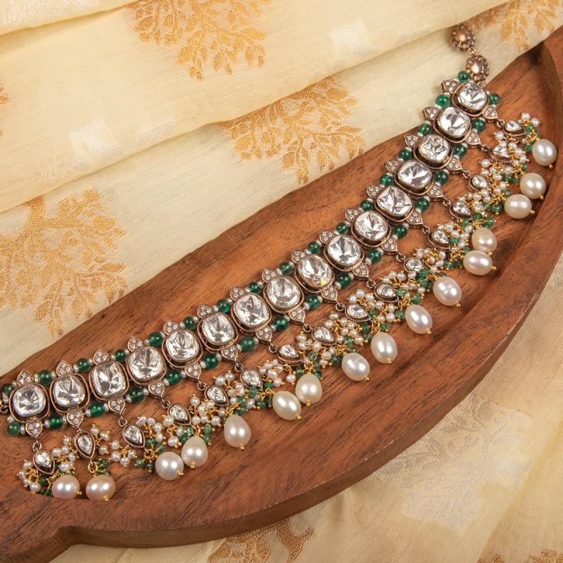 925 Silver Hezhal Polki Choker Necklace - Amrrutam