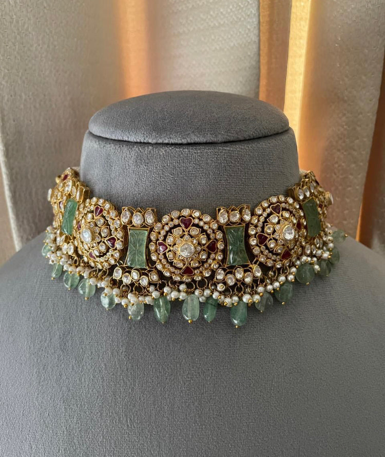 925 Silver Kevari Polki Choker Necklace - Amrrutam