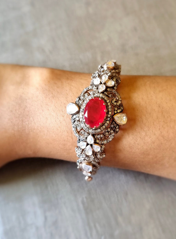 925 Silver Faizal Ruby Polki Victorian Bracelet - Amrrutam