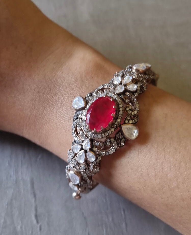 925 Silver Faizal Ruby Polki Victorian Bracelet - Amrrutam