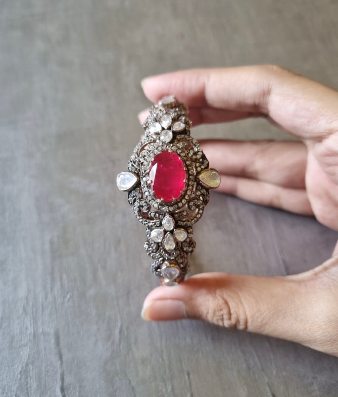 925 Silver Faizal Ruby Polki Victorian Bracelet - Amrrutam
