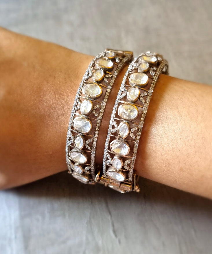 925 Silver Rajhariya Polki Victorian Bangle Set - Amrrutam