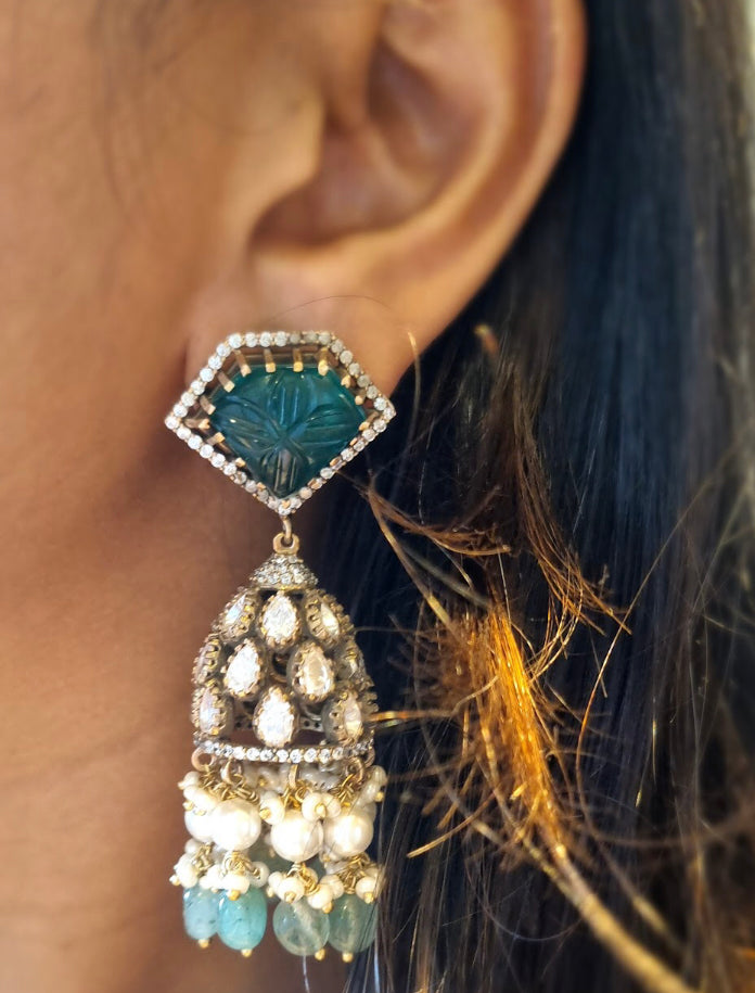925 Silver Ashviya Emerald Polki Jhumka Earring - Amrrutam