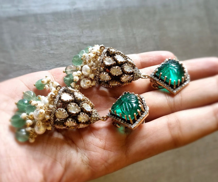 925 Silver Ashviya Emerald Polki Jhumka Earring - Amrrutam