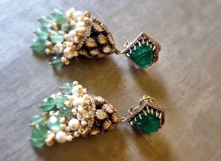 925 Silver Ashviya Emerald Polki Jhumka Earring - Amrrutam