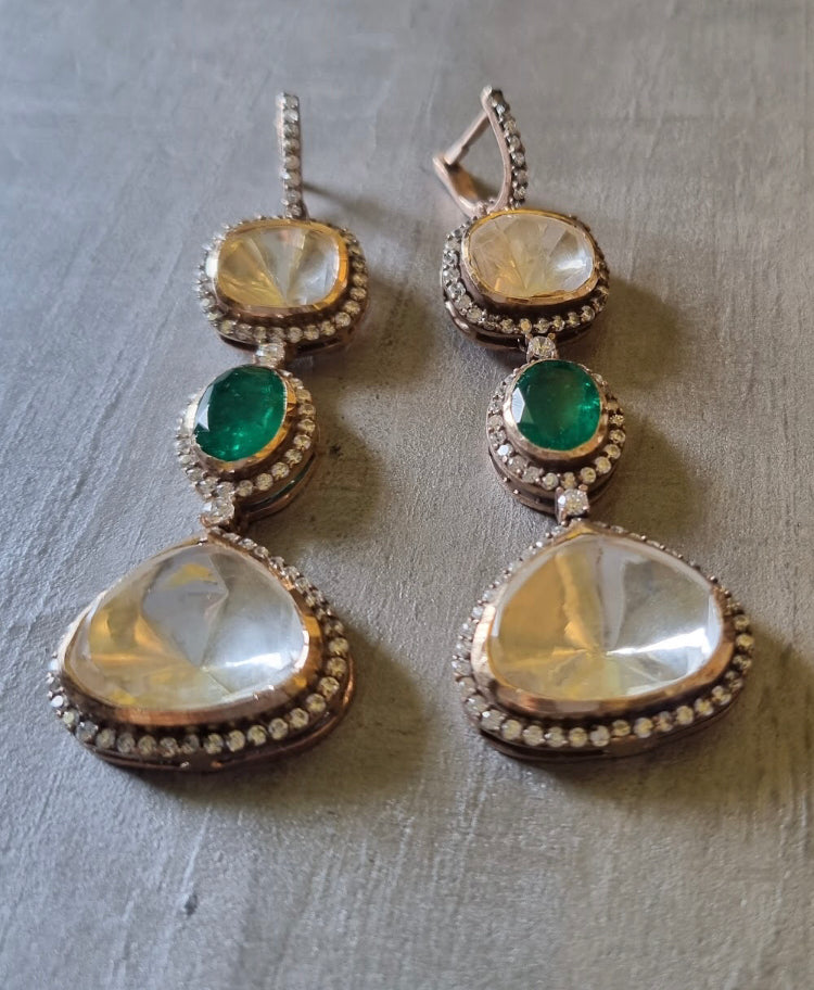 925 Silver Ophelia Emerald Polki Earring - Amrrutam