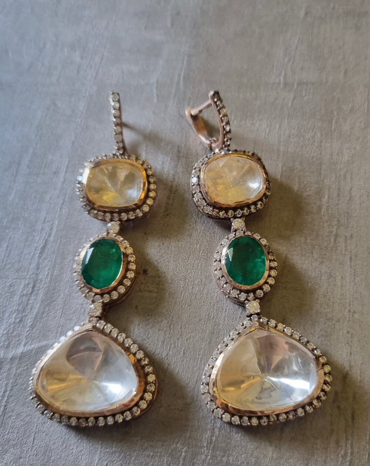 925 Silver Ophelia Emerald Polki Earring - Amrrutam