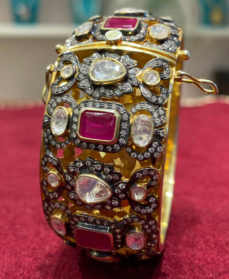 925 Silver Kaniksha Victorian Ruby Polki Bangle - Amrrutam Jewellery