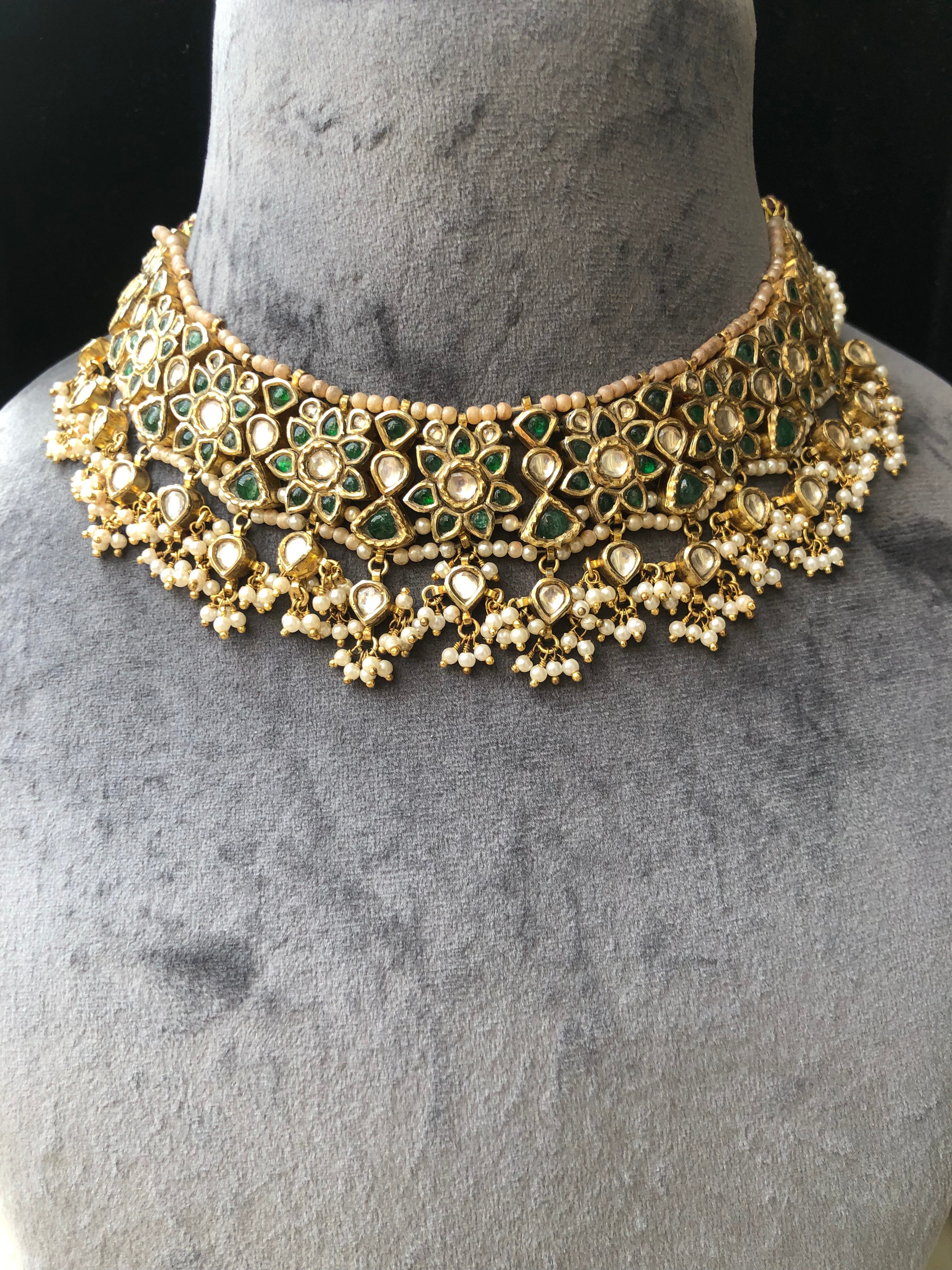 925 Silver Nizami Polki Choker Necklace Set - Amrrutam Jewellery