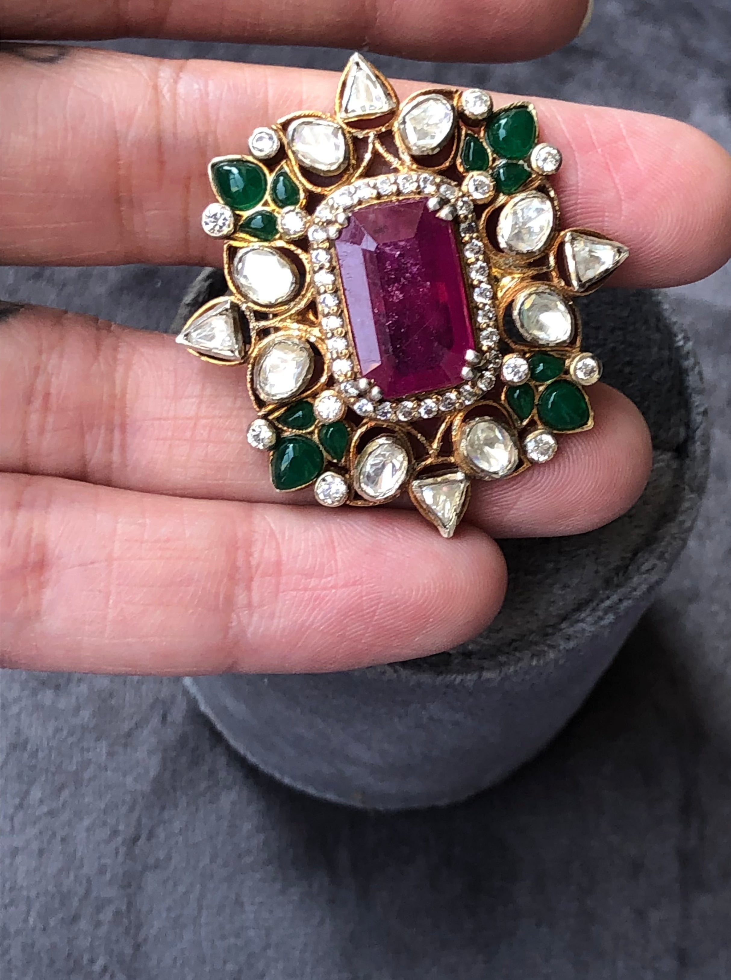 925 Silver Nizami Polki Gemstone Ring - Amrrutam Jewellery