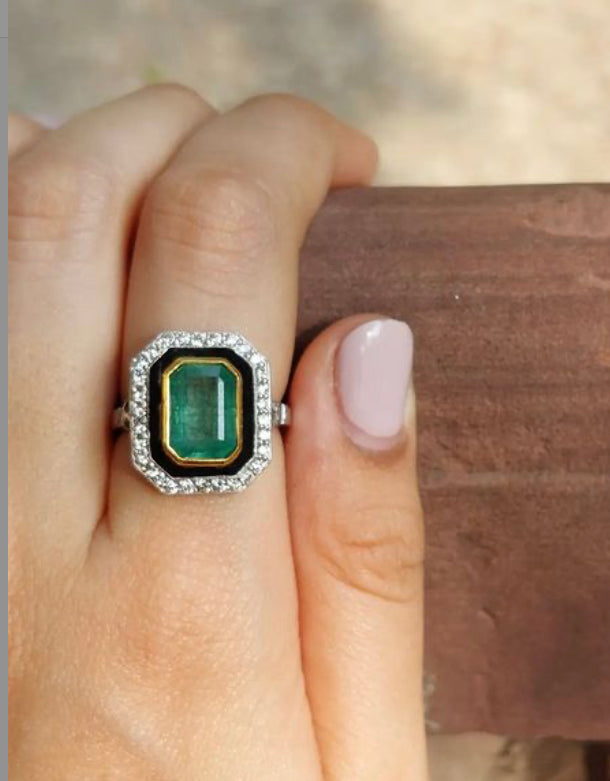 14K Gold Black Enamel Emerald Diamond Victorian Ring - Amrrutam