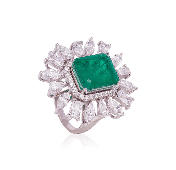 925 Silver Pevora CZ Emerald Ring - Amrrutam
