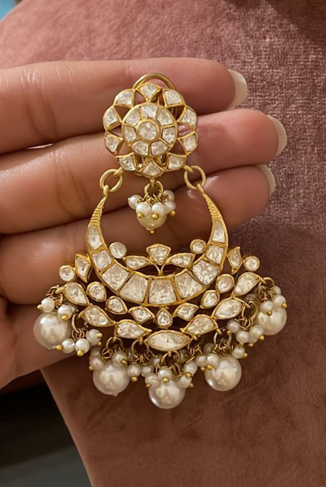 925 Silver Raziya Polki Pearl Chandbali Earrings - Amrrutam