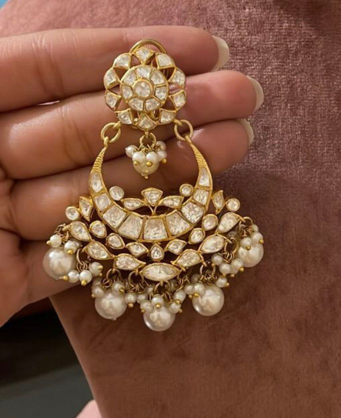 925 Silver Raziya Polki Pearl Chandbali Earrings - Amrrutam