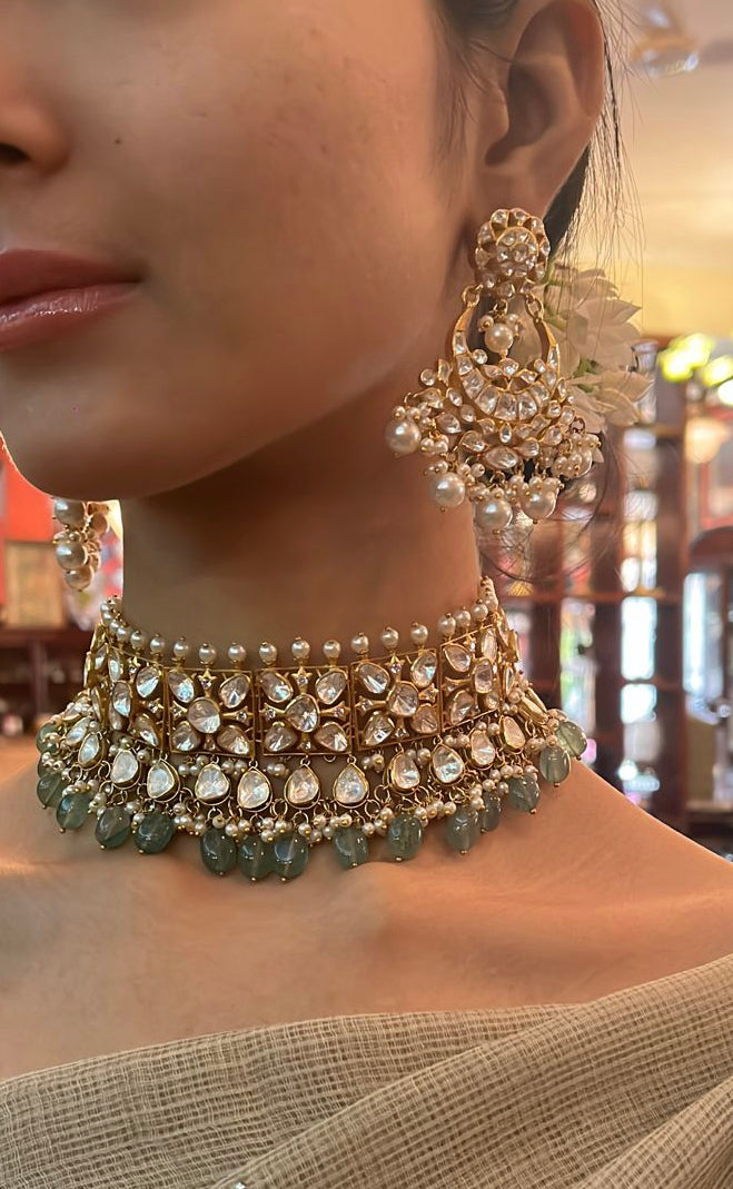 925 Silver Raziya Polki Pearl Chandbali Earrings - Amrrutam