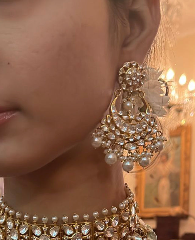 925 Silver Raziya Polki Pearl Chandbali Earrings - Amrrutam