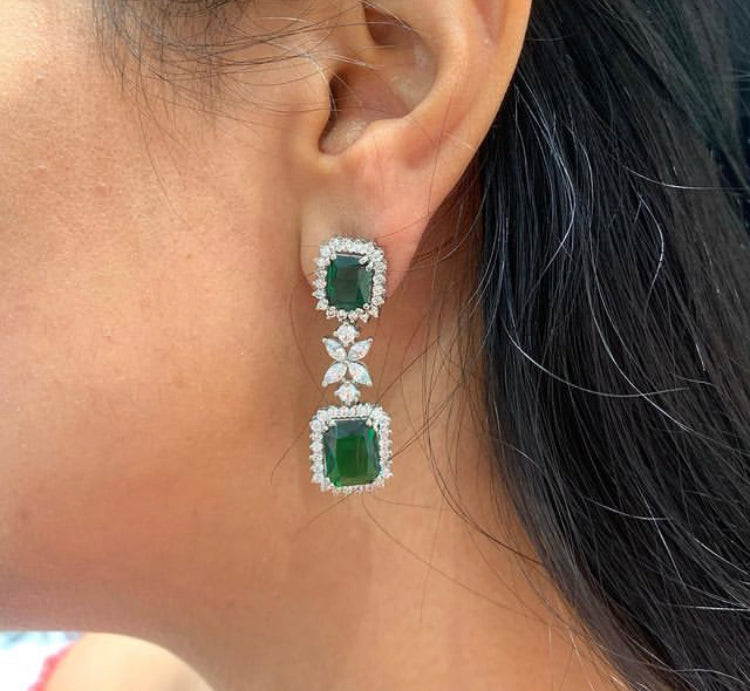 925 Silver Emerald Sqaure Drop Earrings - Amrrutam