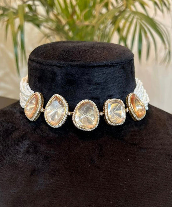 925 Silver Gajeha Polki Choker Necklace Set - Amrrutam