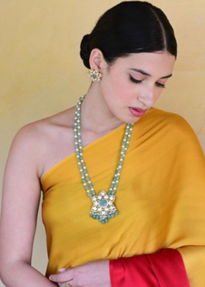 925 Silver Emerald Pendant Polki Necklace - Amrrutam