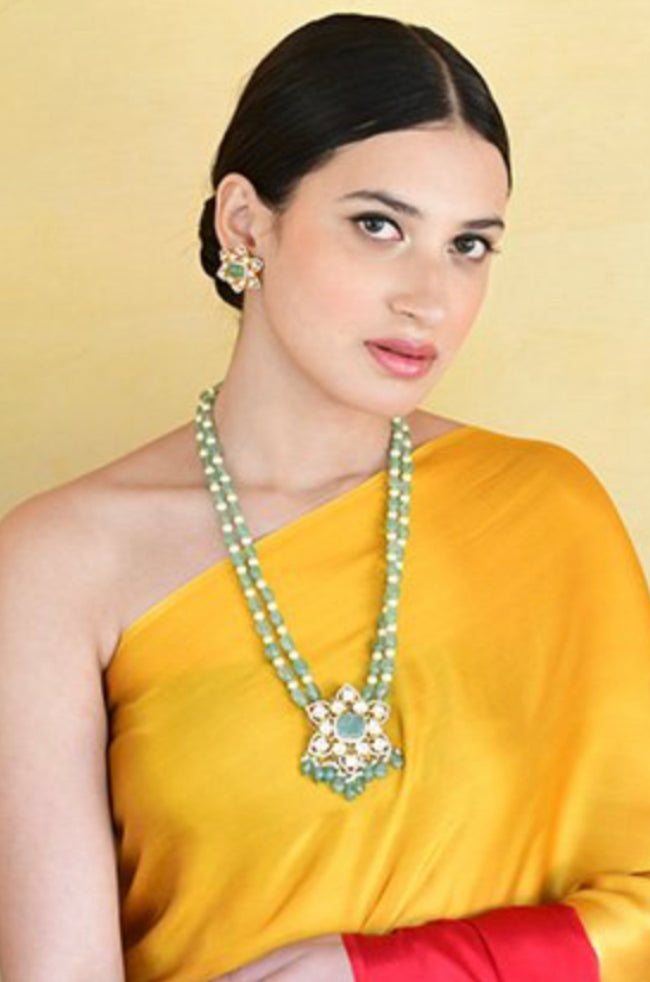 925 Silver Emerald Pendant Polki Necklace - Amrrutam
