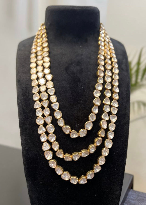 925 Silver Three Line Polki Necklace - Amrrutam