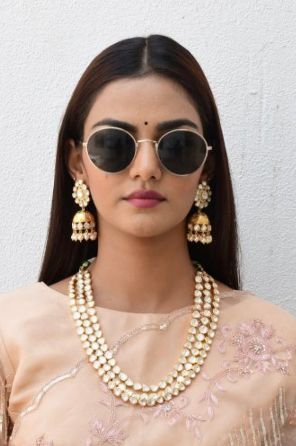 925 Silver Three Line Polki Necklace - Amrrutam
