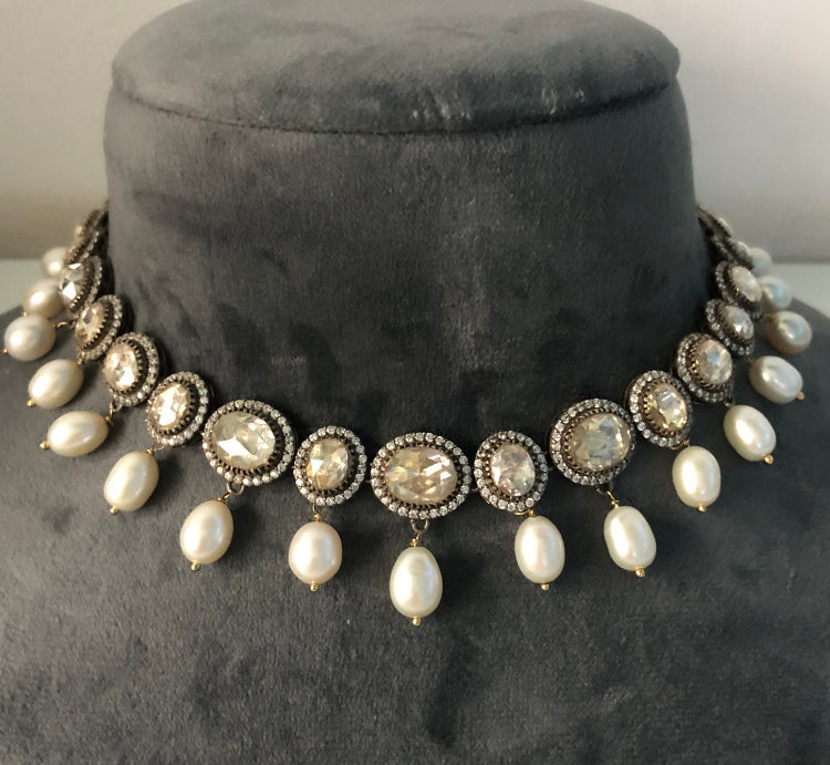 925 Silver Adaya Polki Pearl Choker Necklace - Amrrutam Jewellery