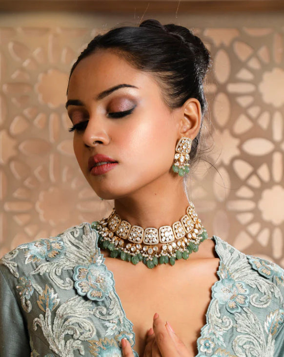 925 Silver Masari Polki Choker Necklace Set - Amrrutam