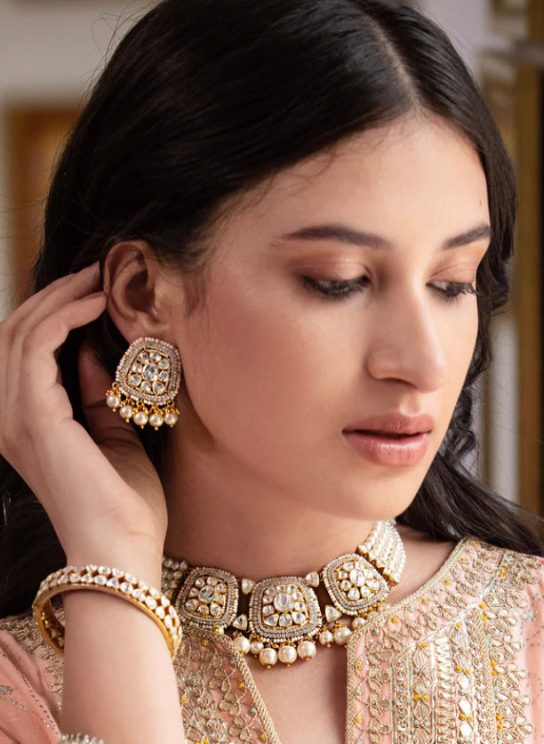 925 Silver Pearl & Polki Necklace Set - Amrrutam