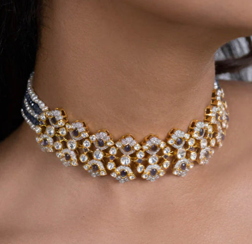 925 Silver Aishaa Blue Polki Choker Necklace - Amrrutam