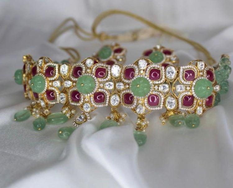 925 silver Polki Choker Necklace Set - Amrrutam