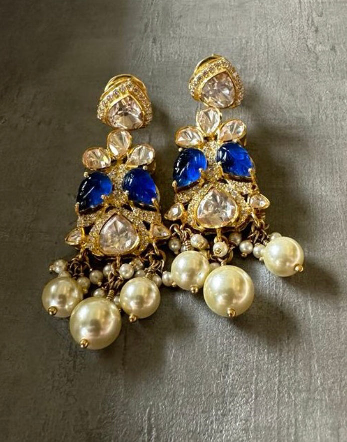 925 Silver Blue Sapphire Leaf Polki Drop Earring - Amrrutam