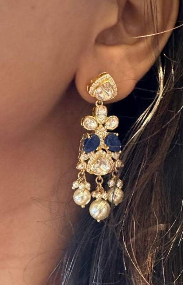 925 Silver Blue Sapphire Leaf Polki Drop Earring - Amrrutam