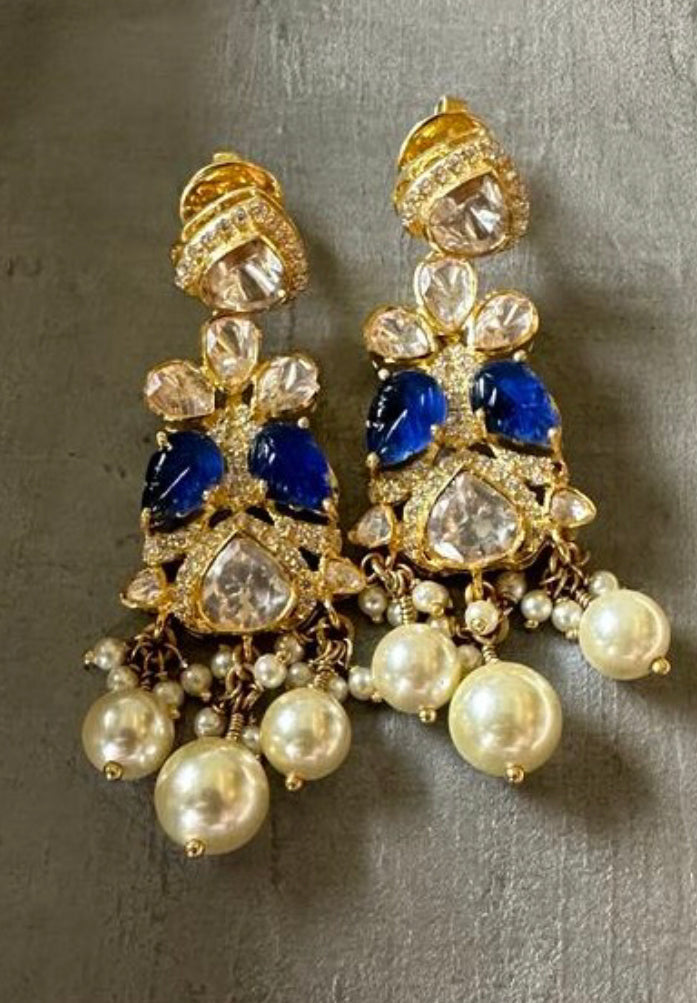 925 Silver Blue Sapphire Leaf Polki Drop Earring - Amrrutam